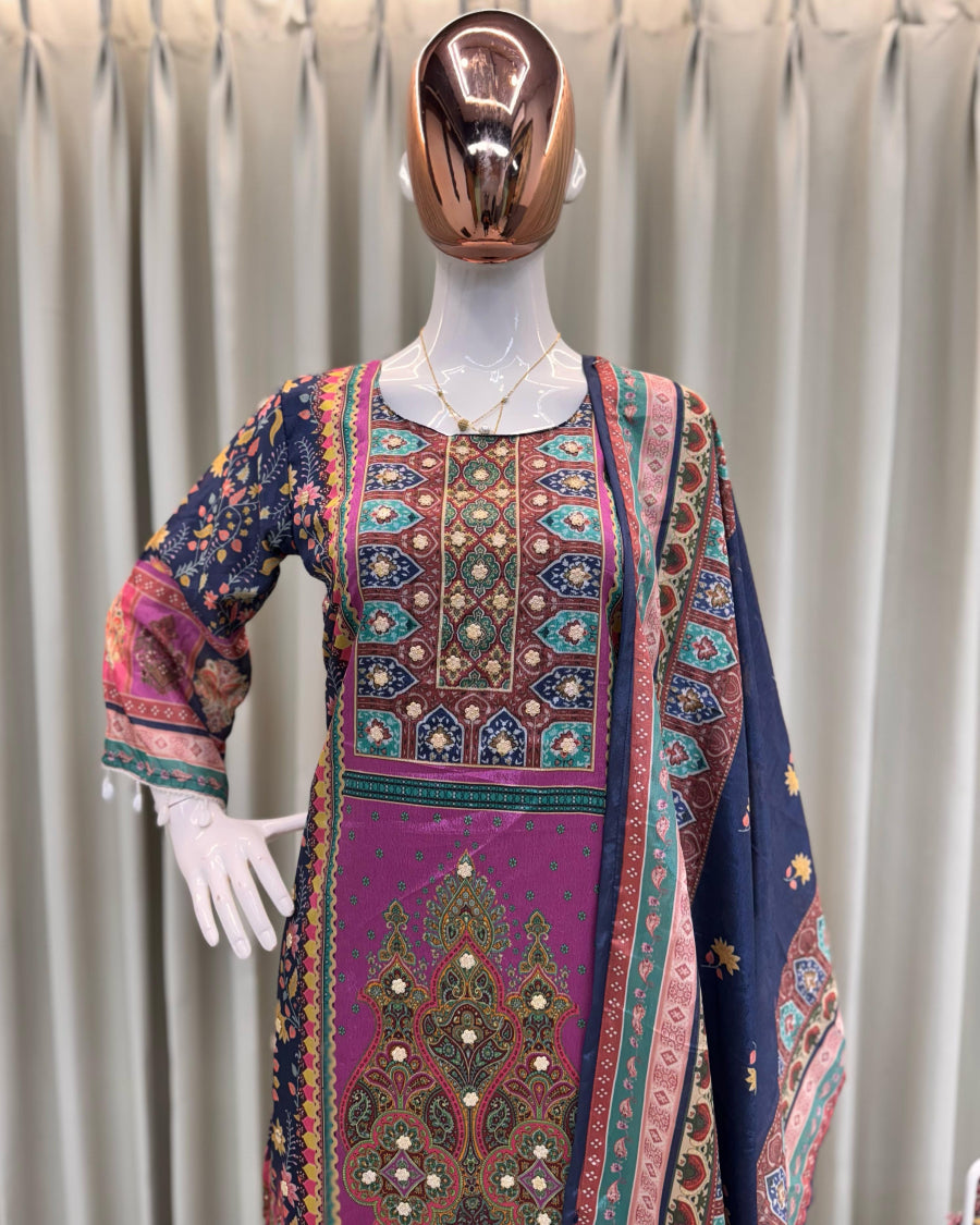 Blue Lagoon Mirror Work Printed Suit Set