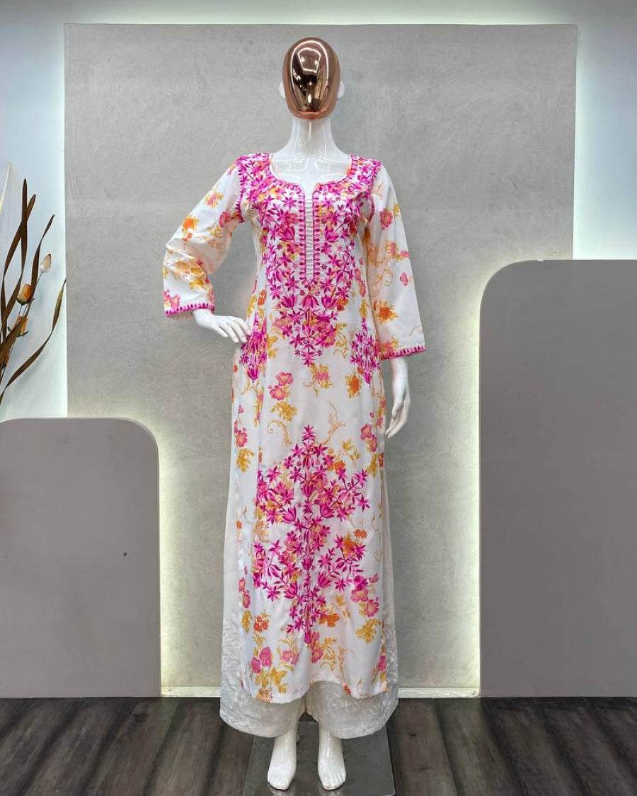 Radiant Blossom Floral Embroidered Kurta & Palazzo Set