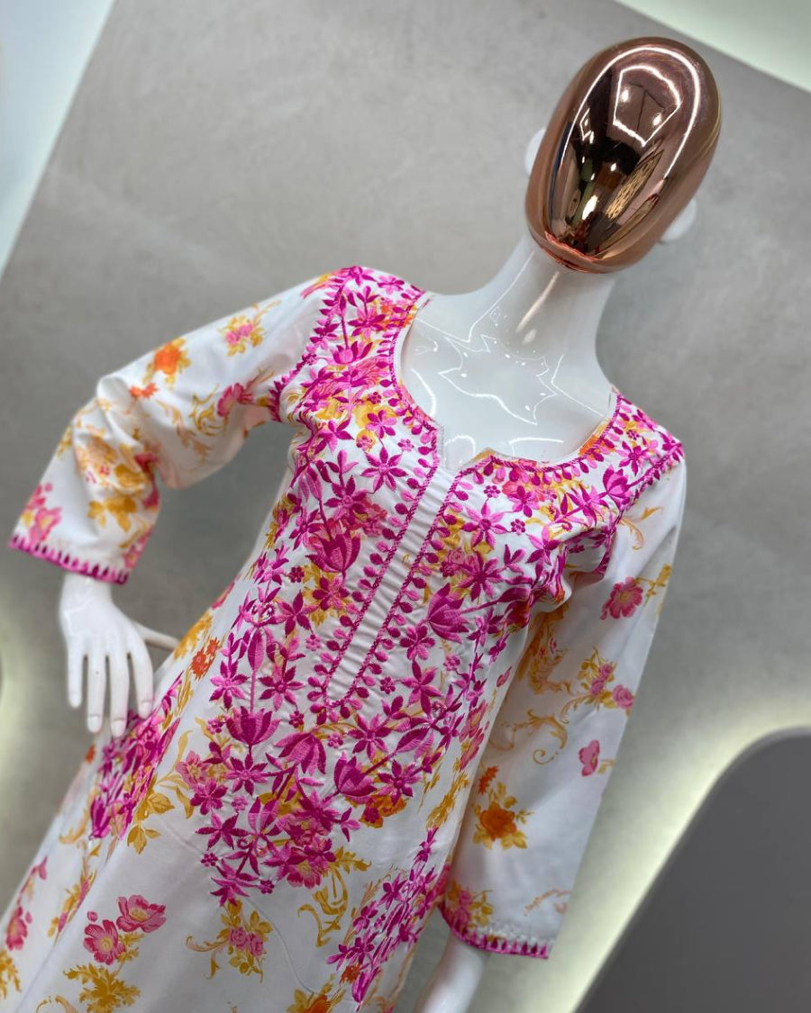 Radiant Blossom Floral Embroidered Kurta & Palazzo Set