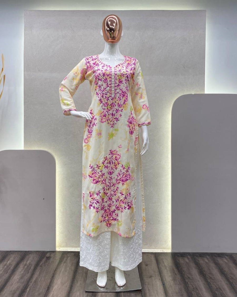 Blooming Elegance Floral Embroidered Kurta & Palazzo Set