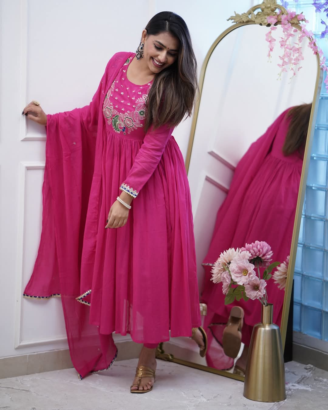 Mogra Rani Hand Embroidered Gown Style Kurta Set with Chanderi Dupatta
