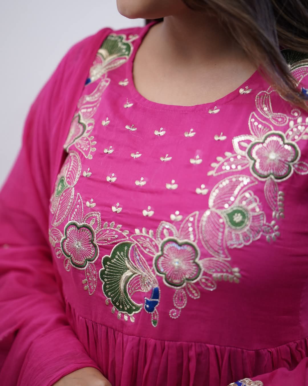 Mogra Rani Hand Embroidered Gown Style Kurta Set with Chanderi Dupatta