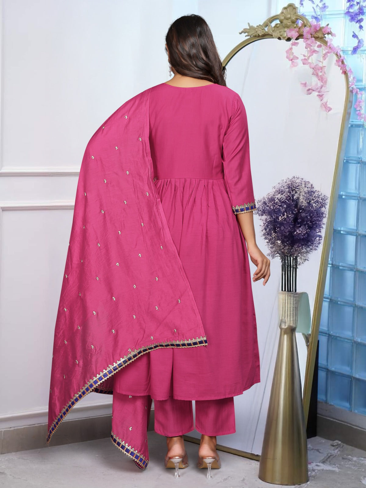Mogra Rani Hand Embroidered Gown Style Kurta Set with Chanderi Dupatta