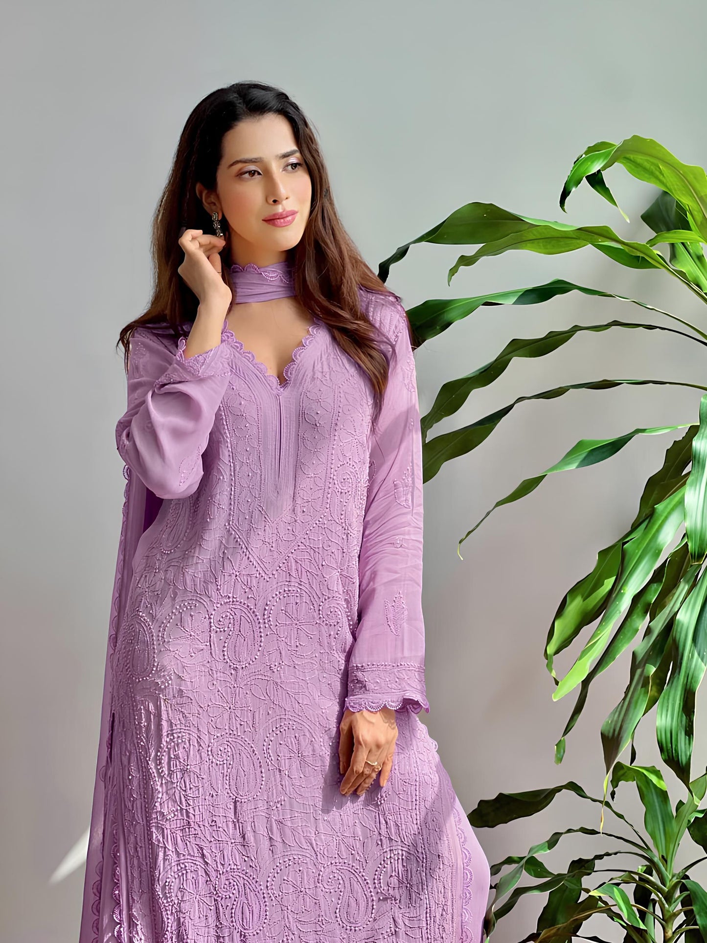 Majestic Purple Faux Georgette Kurta Palazzo Set with Dupatta