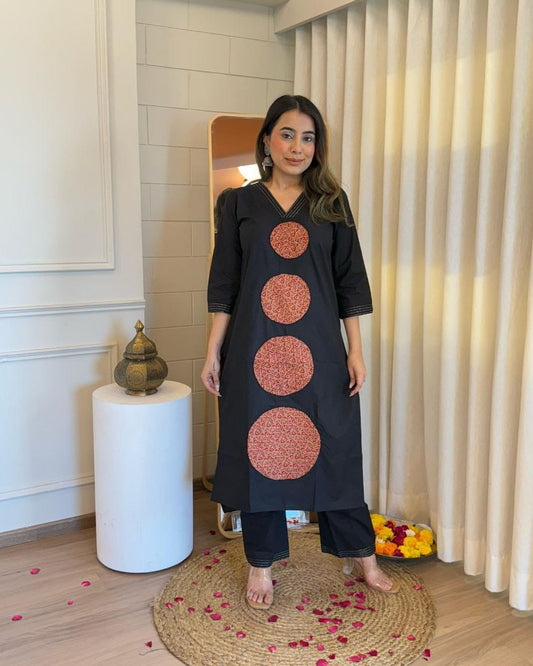Ebony Touch Appliqué Cotton Kurta Set