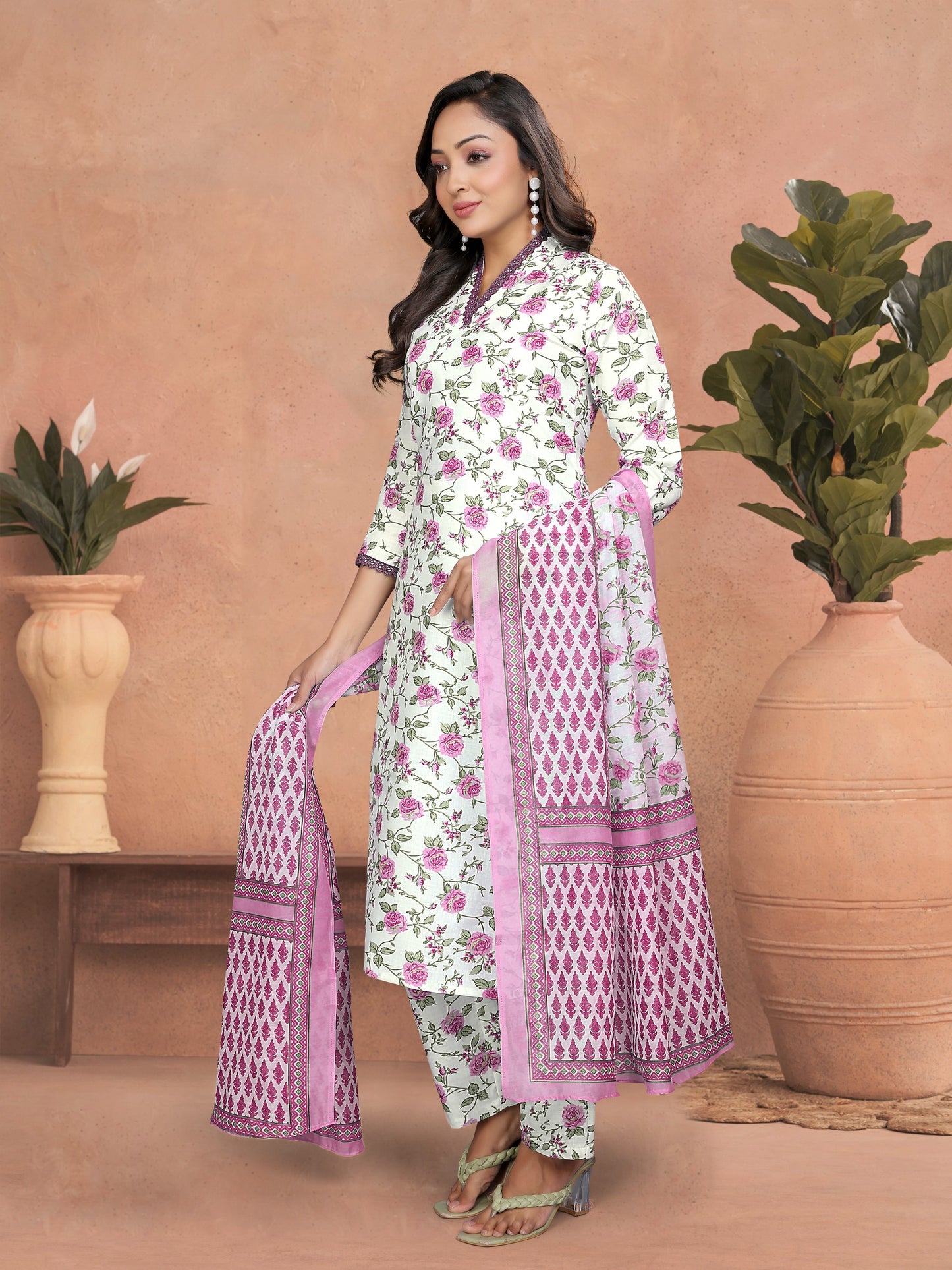 Blossom Pink Printed Kurta Set with Chanderi Dupatta