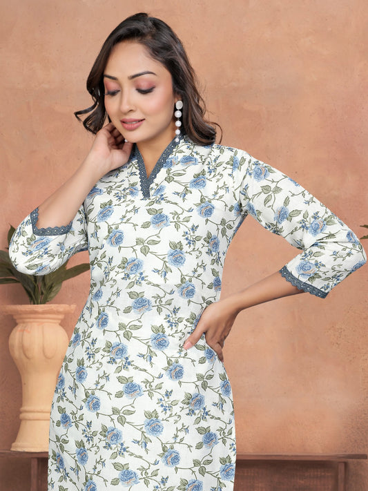 Blue Horizon White Kurta Set with Floral Print & Chanderi Dupatta