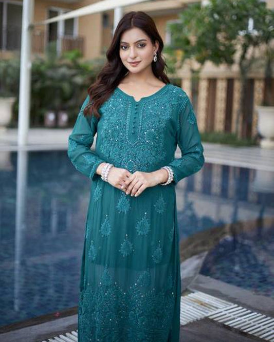 Teal Empress Georgette Designer Suit Set with Palazzo