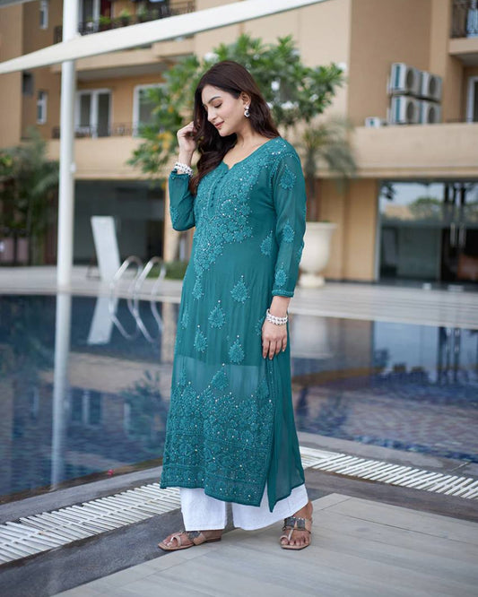 Teal Empress Georgette Designer Suit Set with Palazzo