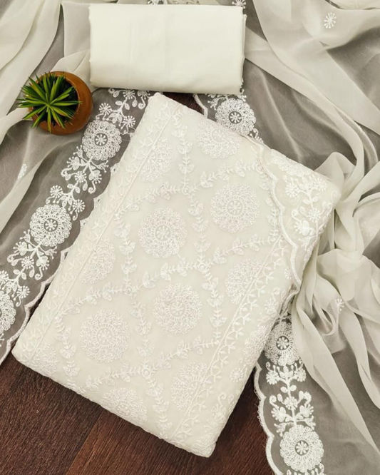 Royal White Georgette Unstitched Suit Set