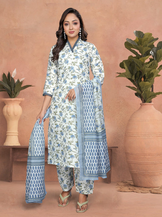 Blue Horizon White Kurta Set with Floral Print & Chanderi Dupatta
