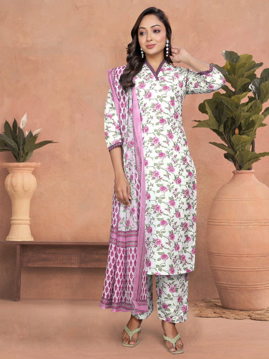 Blossom Pink Printed Kurta Set with Chanderi Dupatta