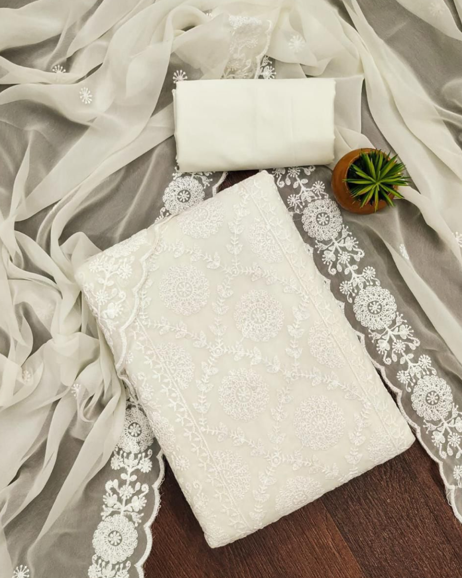 Royal White Georgette Unstitched Suit Set
