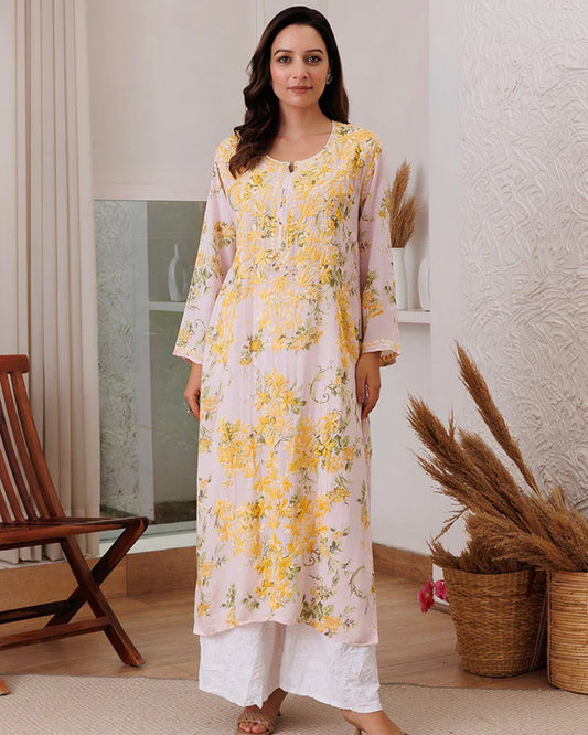 Dewy Petals Floral Embroidered Kurta & Palazzo Set