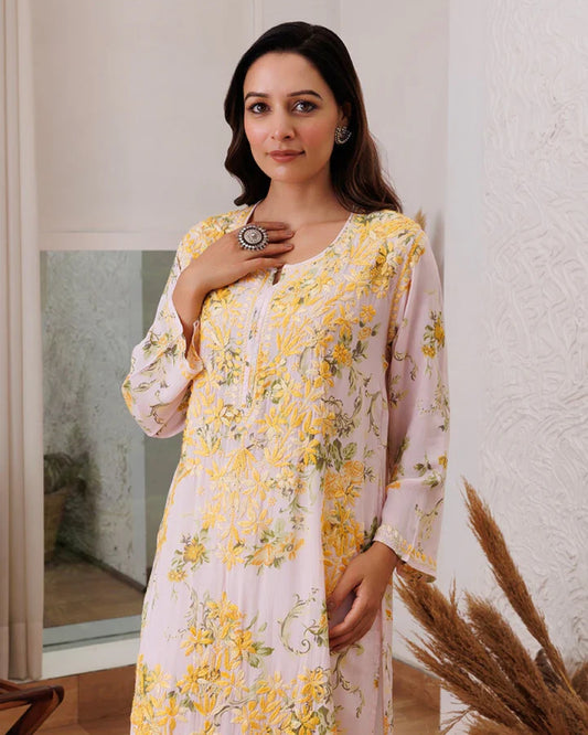 Dewy Petals Floral Embroidered Kurta & Palazzo Set